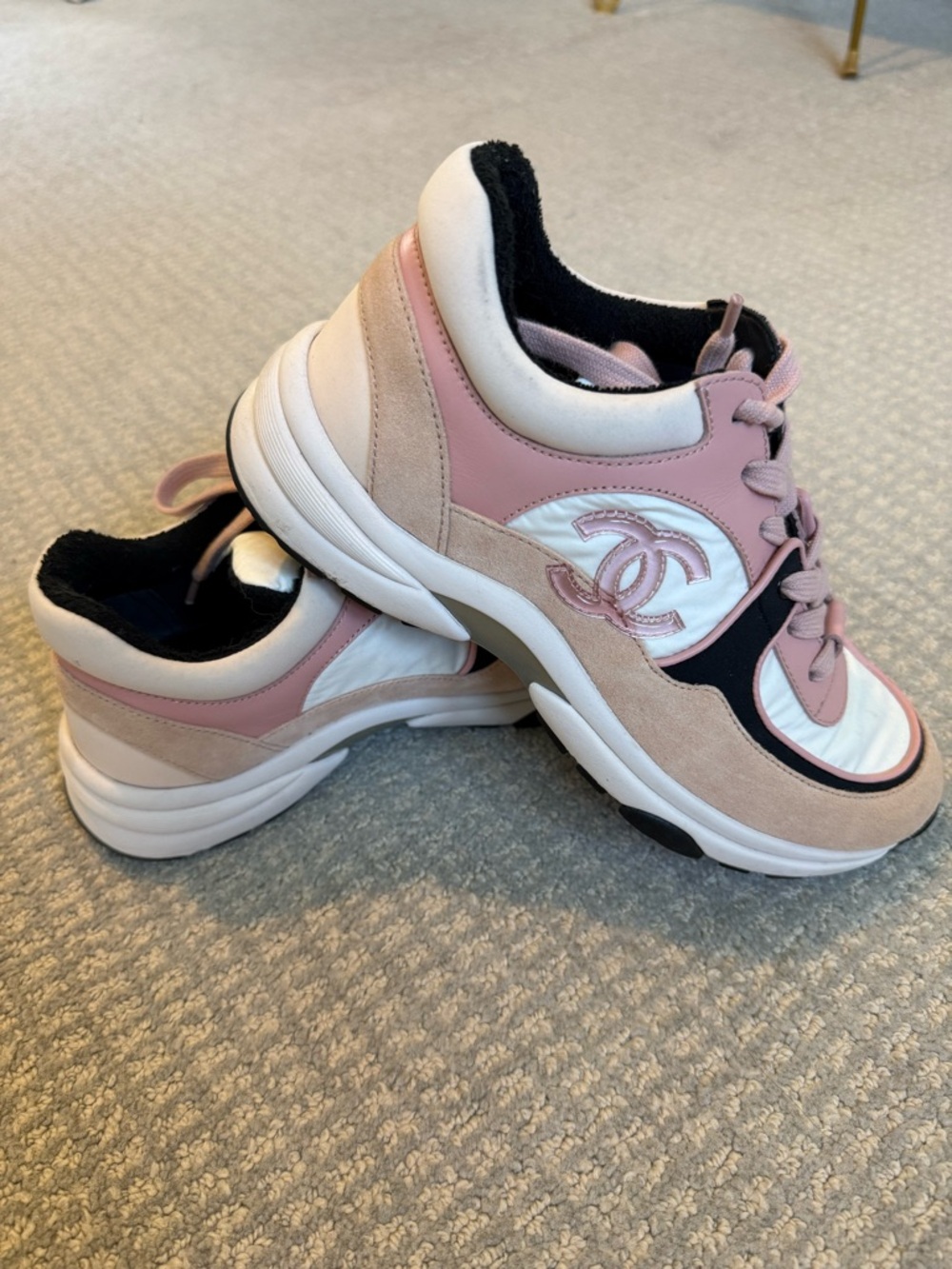 CHANEL Pink, White & Black Low-Top CC Logo Sneakers
